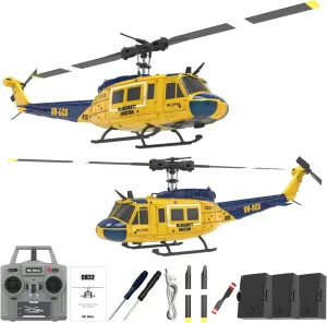 RC ERA C032 UH-1 Huey RC Helicopter Toys for Adults, 1/48 Scale 2.4G 6CH Stabilized Aircraft 6-Axis Gyro Brushless Flybarless Helicopter for Adults Beginner - Yellow & Blue/3 Battery
