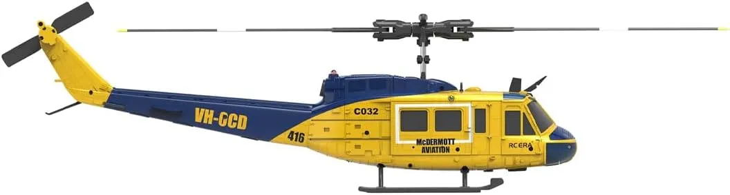 RC ERA C032 UH-1 Huey RC Helicopter Toys for Adults, 1/48 Scale 2.4G 6CH Stabilized Aircraft 6-Axis Gyro Brushless Flybarless Helicopter for Adults Beginner - Yellow & Blue/3 Battery