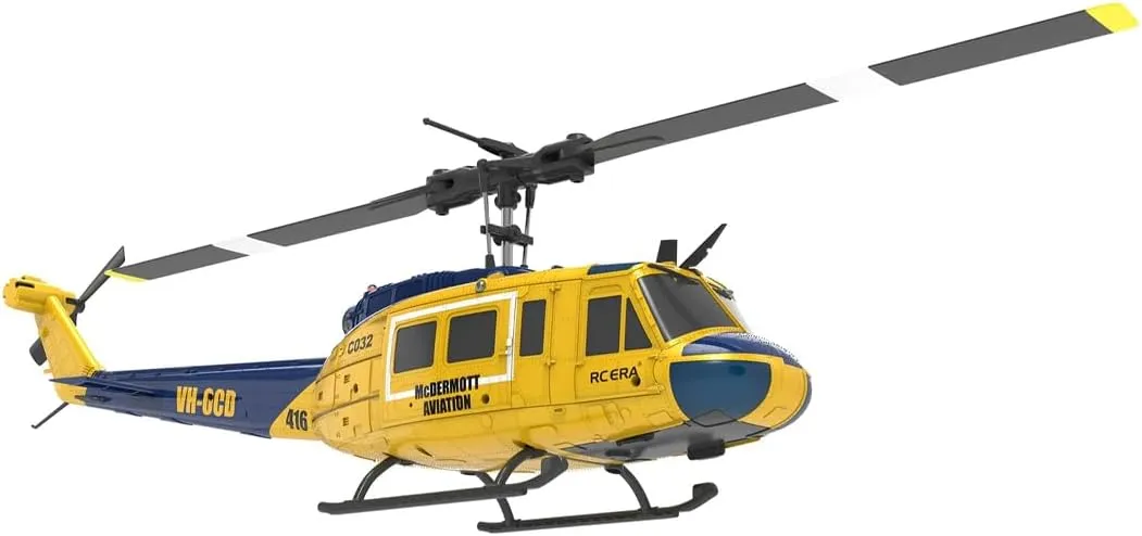RC ERA C032 UH-1 Huey RC Helicopter Toys for Adults, 1/48 Scale 2.4G 6CH Stabilized Aircraft 6-Axis Gyro Brushless Flybarless Helicopter for Adults Beginner - Yellow & Blue/3 Battery