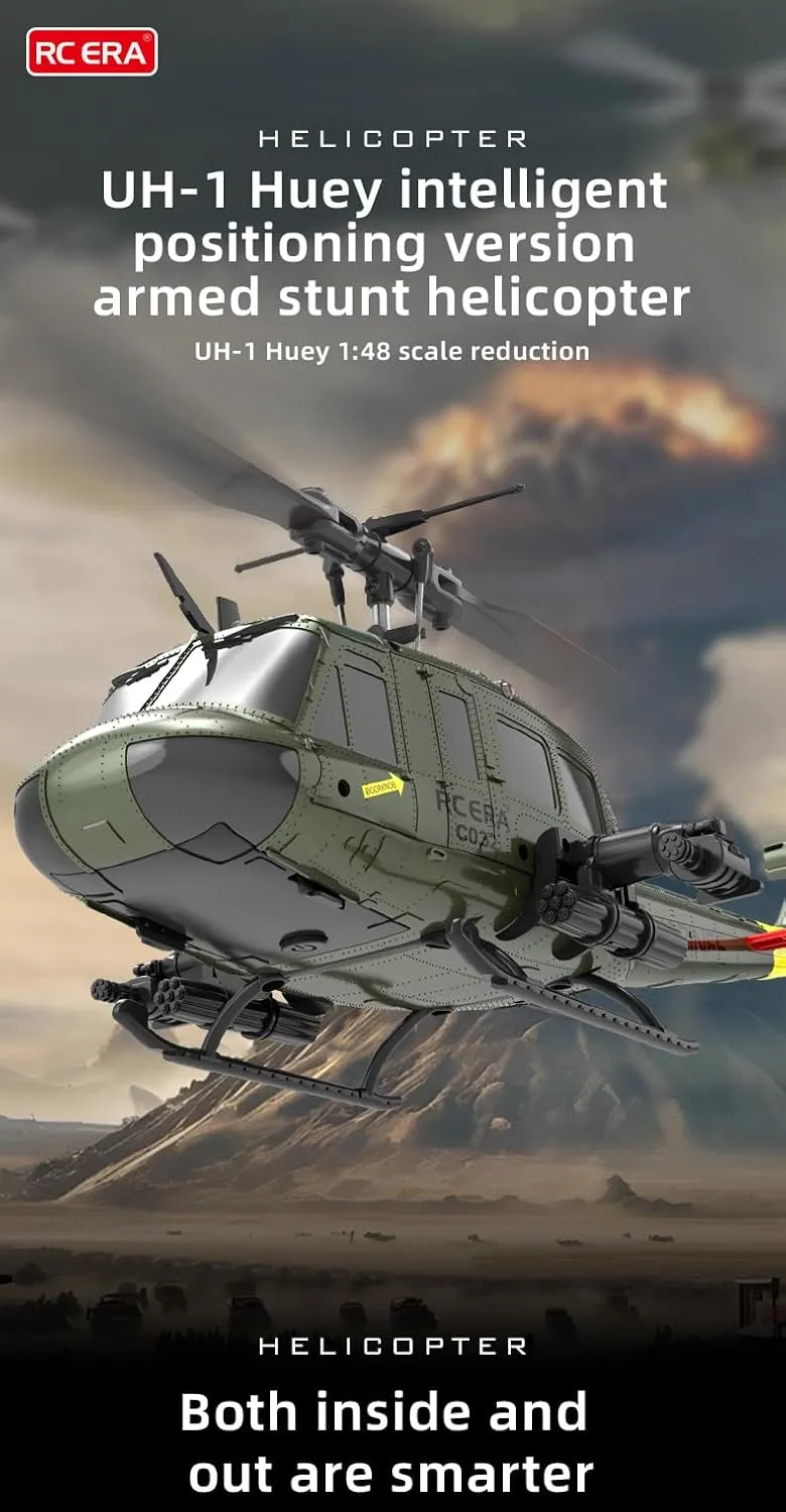 RC ERA C032 UH-1 Huey RC Helicopter Toys for Adults, 1/48 Scale 2.4G 6CH Stabilized Aircraft 6-Axis Gyro Brushless Flybarless Helicopter for Adults Beginner - Yellow & Blue/3 Battery