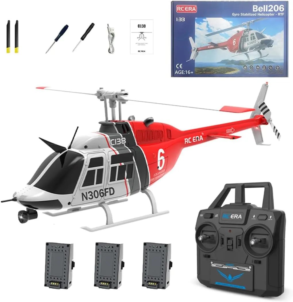 RC ERA C138 Bell 206 Helicopter, 1/30 Scale 2.4G 6CH No Aileron Remote Control Helicopter Model, 6-Axis Gyro RC Aircraft with Altitude Hold & Optical Flow Positioning (3 Battry)