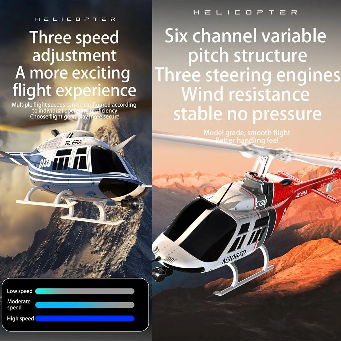 RC ERA C138 Bell 206 Helicopter, 1/30 Scale 2.4G 6CH No Aileron Remote Control Helicopter Model, 6-Axis Gyro RC Aircraft with Altitude Hold & Optical Flow Positioning (4 Battry)