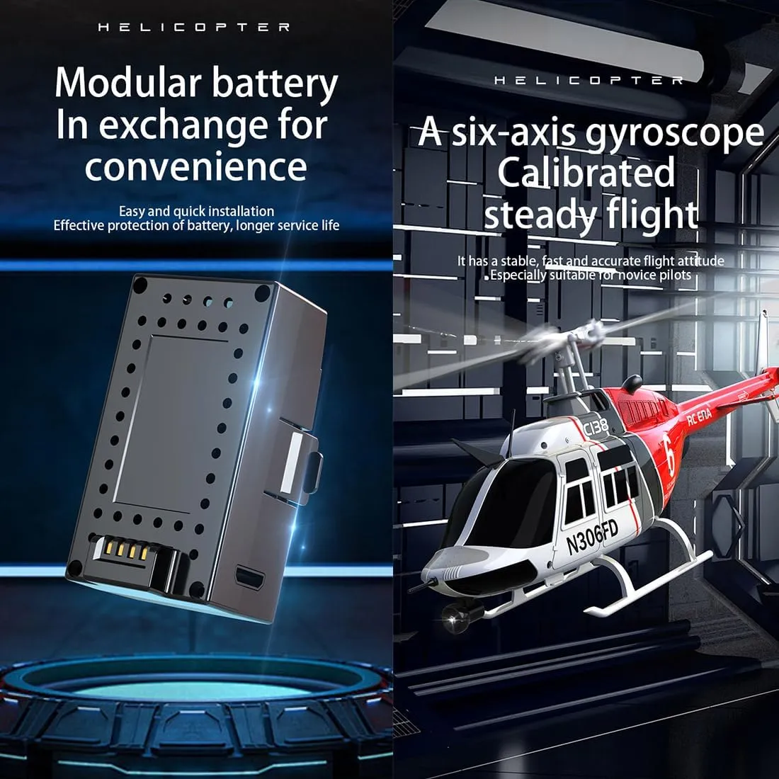 RC ERA C138 Bell 206 Helicopter, 1/30 Scale 2.4G 6CH No Aileron Remote Control Helicopter Model, 6-Axis Gyro RC Aircraft with Altitude Hold & Optical Flow Positioning (4 Battry)