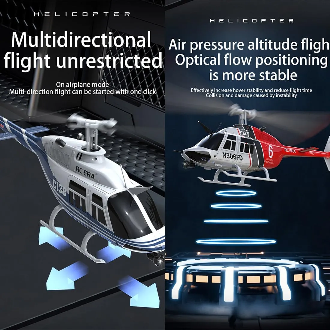 RC ERA C138 Bell 206 Helicopter, 1/30 Scale 2.4G 6CH No Aileron Remote Control Helicopter Model, 6-Axis Gyro RC Aircraft with Altitude Hold & Optical Flow Positioning (4 Battry)