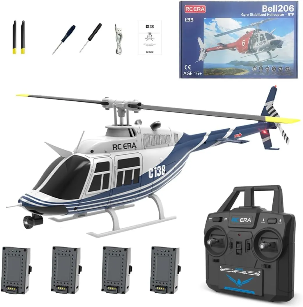 RC ERA C138 Bell 206 Helicopter, 1/30 Scale 2.4G 6CH No Aileron Remote Control Helicopter Model, 6-Axis Gyro RC Aircraft with Altitude Hold & Optical Flow Positioning (4 Battry)
