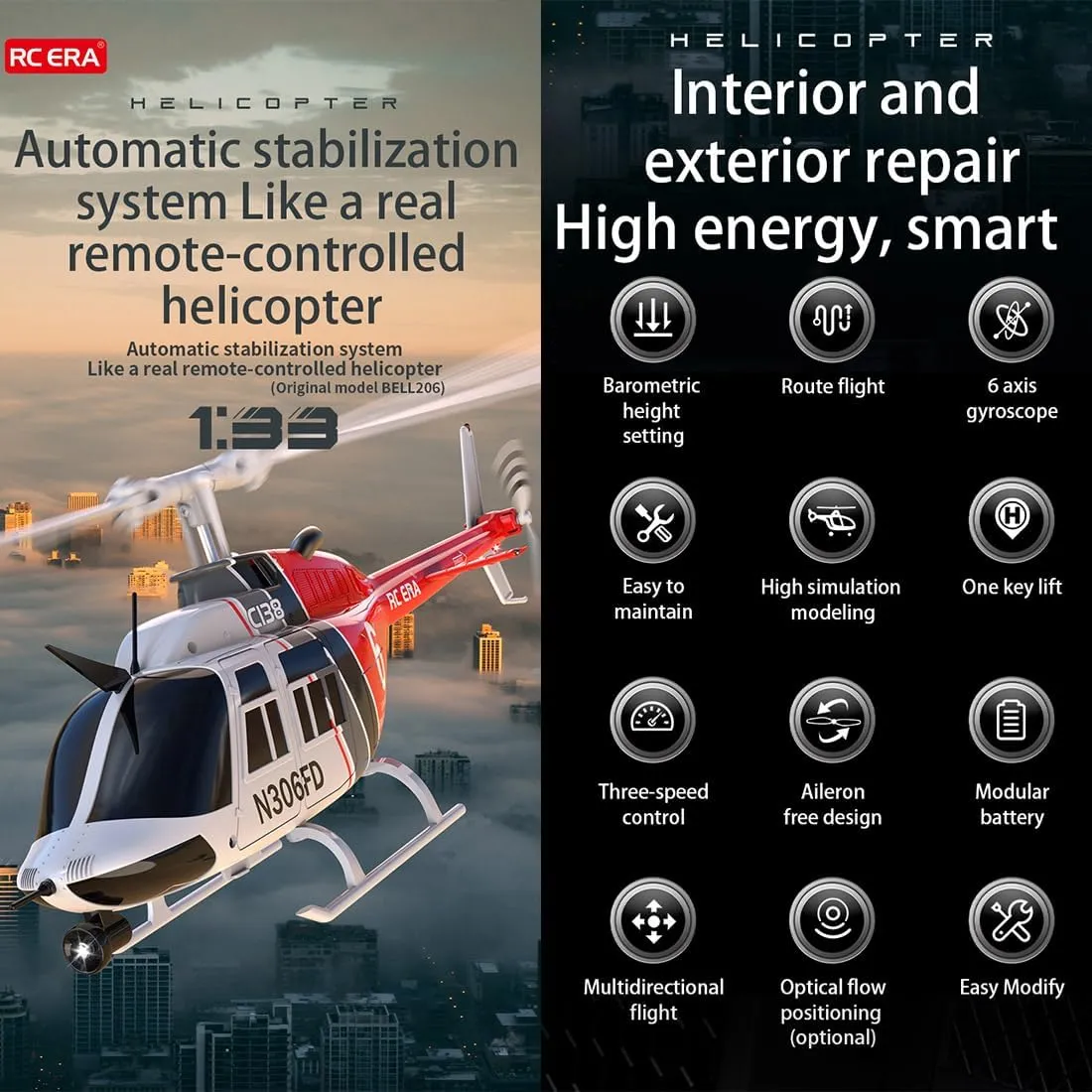 RC ERA C138 Bell 206 Helicopter, 1/30 Scale 2.4G 6CH No Aileron Remote Control Helicopter Model, 6-Axis Gyro RC Aircraft with Altitude Hold & Optical Flow Positioning (4 Battry)