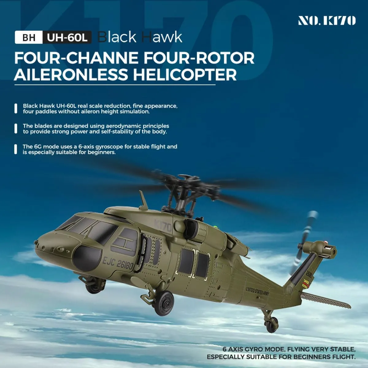 RC Helicopter for Adults, K170 UH-60L 170 Size 2.4G 4CH 6-Axis Gyro Flybarless RC Helicopter with Altitude Hovering, Adjustable Left and Right Hand Throttle for Beginners (RTF Version)
