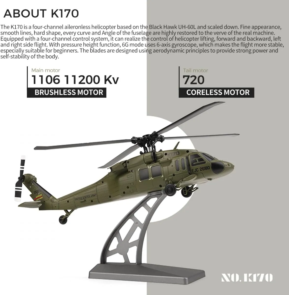 RC Helicopter for Adults, K170 UH-60L 170 Size 2.4G 4CH 6-Axis Gyro Flybarless RC Helicopter with Altitude Hovering, Adjustable Left and Right Hand Throttle for Beginners (RTF Version)