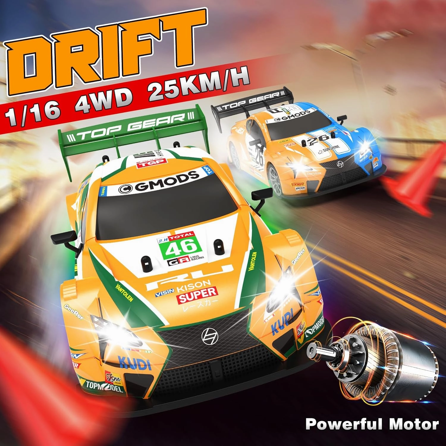 RC Drift Car, Drifting RC Car 1:16 Remote Control Cars 2.4GHz 4WD High Speed Racing Vehicle with Colorful Lights Two Batteries and Drifting Tires Sport Toy Cars for Adults Boys Girls Kids