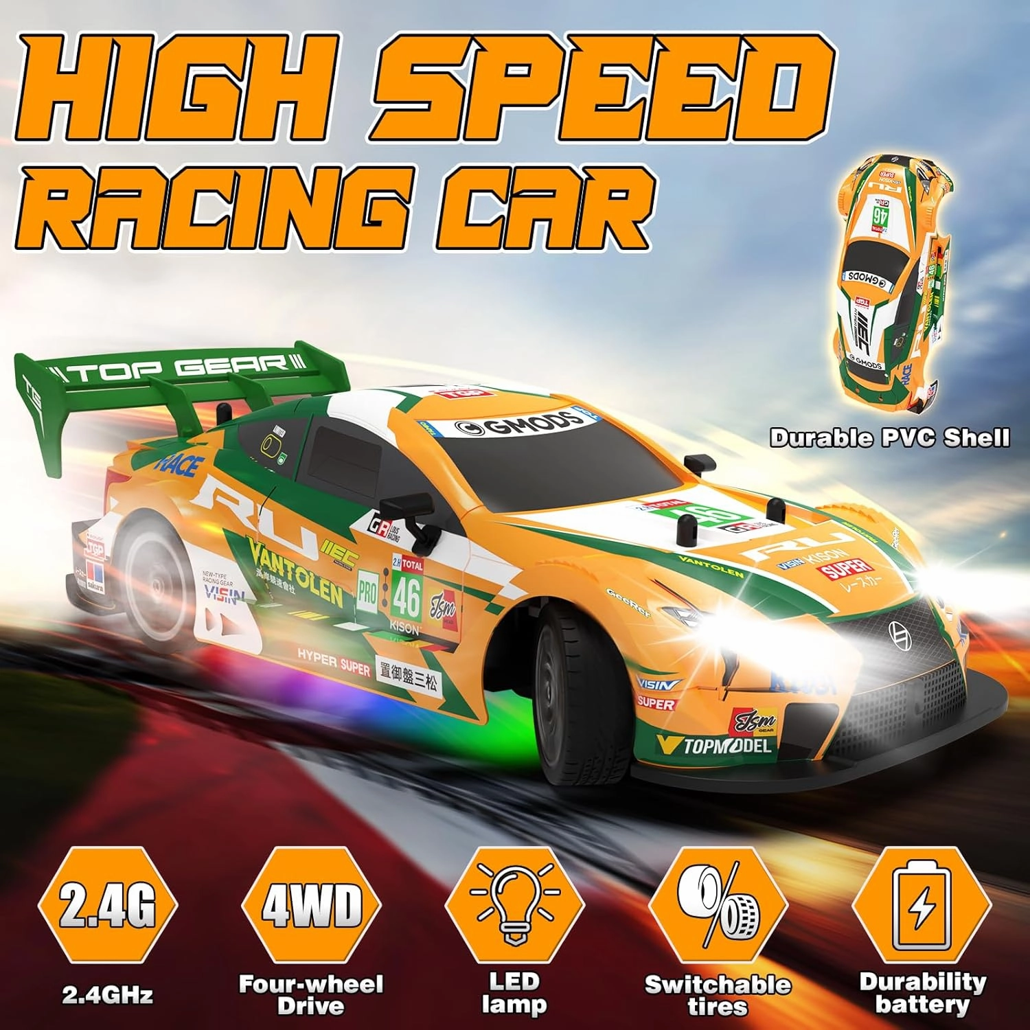 RC Drift Car, Drifting RC Car 1:16 Remote Control Cars 2.4GHz 4WD High Speed Racing Vehicle with Colorful Lights Two Batteries and Drifting Tires Sport Toy Cars for Adults Boys Girls Kids