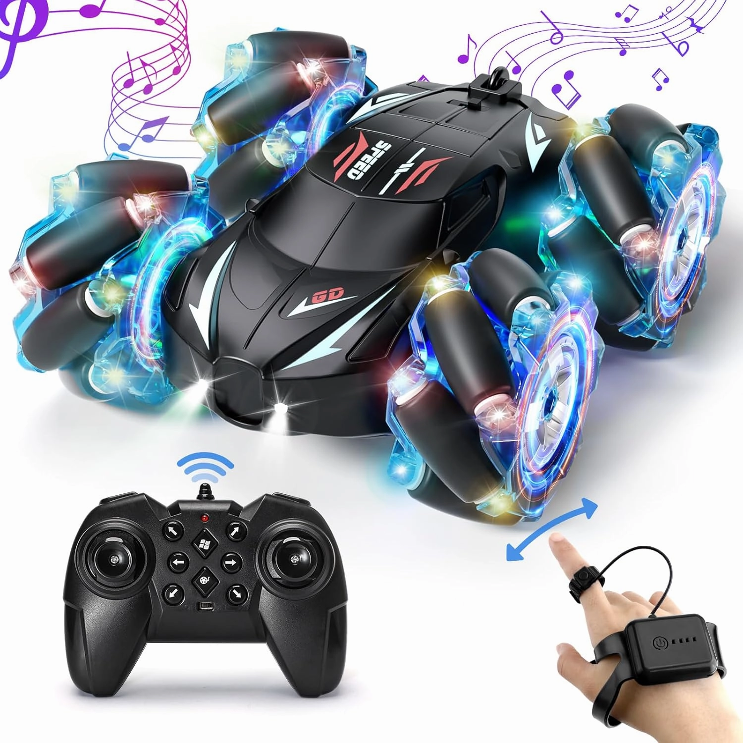 RC Stunt Car, 2.4GHz 4WD Gesture Sensing Remote Control Car with Cool Light and Music, Double-Sided 360° Flips RC Cars for Boys Age 6-12 8-12 Birthday Christmas Toy Cars(Blue)
