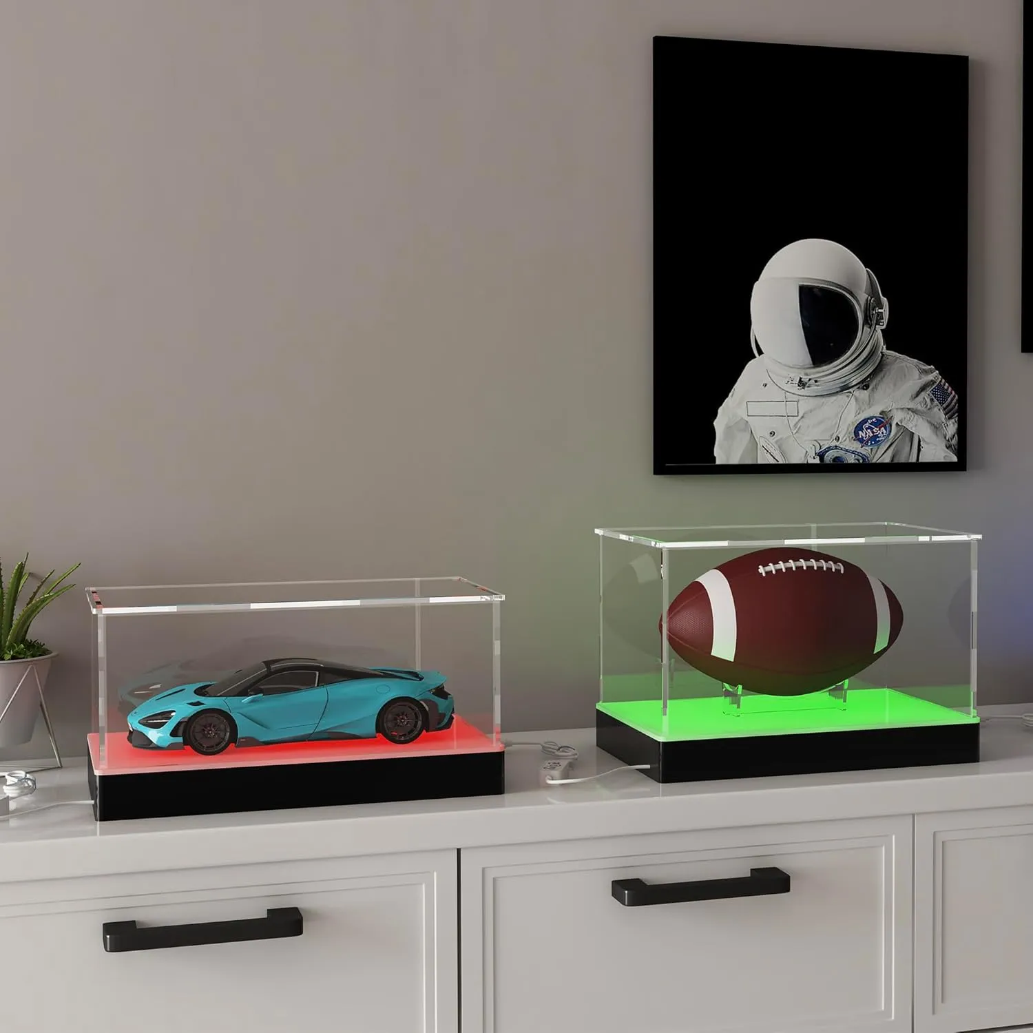 Rectangle Light Up Acrylic Display Case with RGB LED Lighted Base & Ball Holder, App & Controller, 16 Million Colors, Music Sync & Timer, Showcase 1/18 1/24 Model Cars and Collectibles