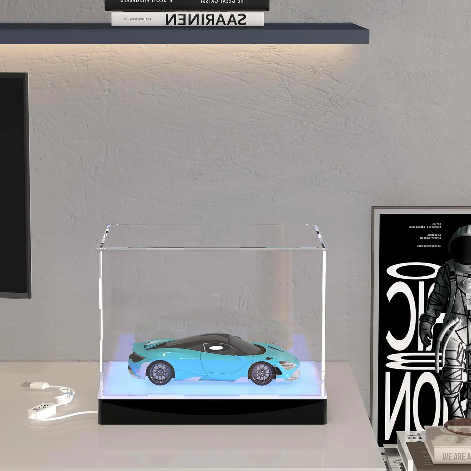 Rectangle Light Up Acrylic Display Case with RGB LED Lighted Base & Ball Holder, App & Controller, 16 Million Colors, Music Sync & Timer, Showcase 1/18 1/24 Model Cars and Collectibles