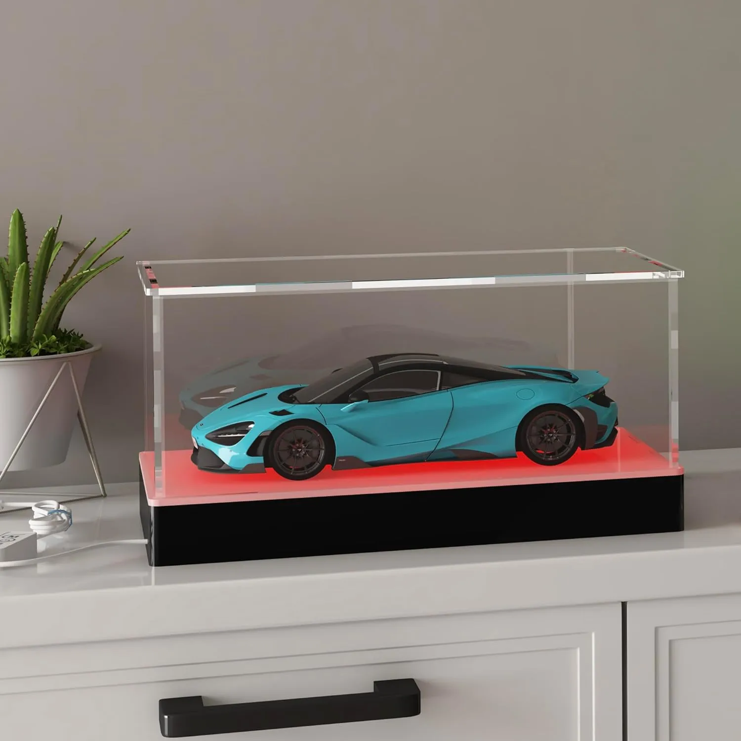 Rectangle Light Up Acrylic Display Case with RGB LED Lighted Base & Ball Holder, App & Controller, 16 Million Colors, Music Sync & Timer, Showcase 1/18 1/24 Model Cars and Collectibles