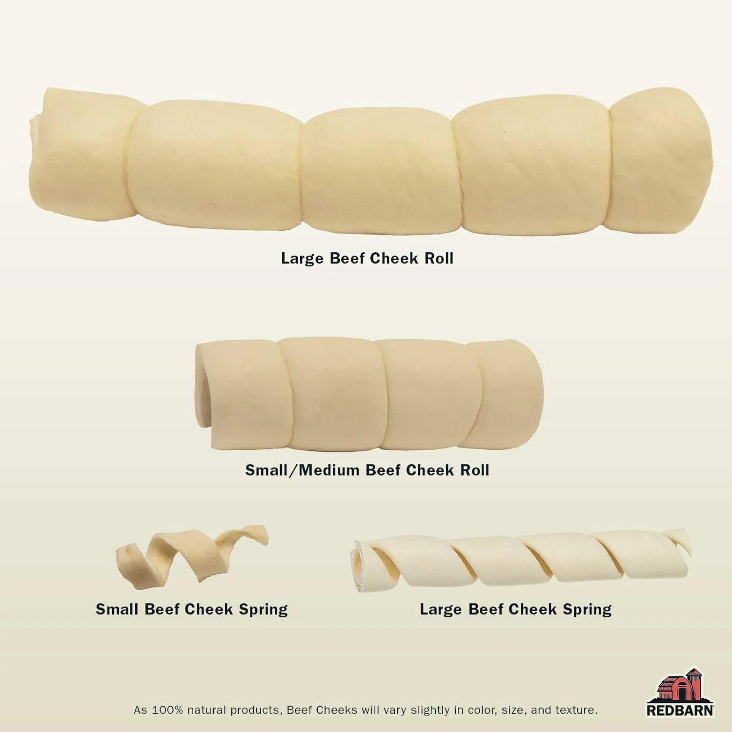 Redbarn Pet Products All-Natural Large Beef Cheek Rolls for Dogs, Uncoated - Single Ingredient Grain-Free Chew Treat Naturally Rich in Collagen - No Artificial Preservatives - Pack of 4