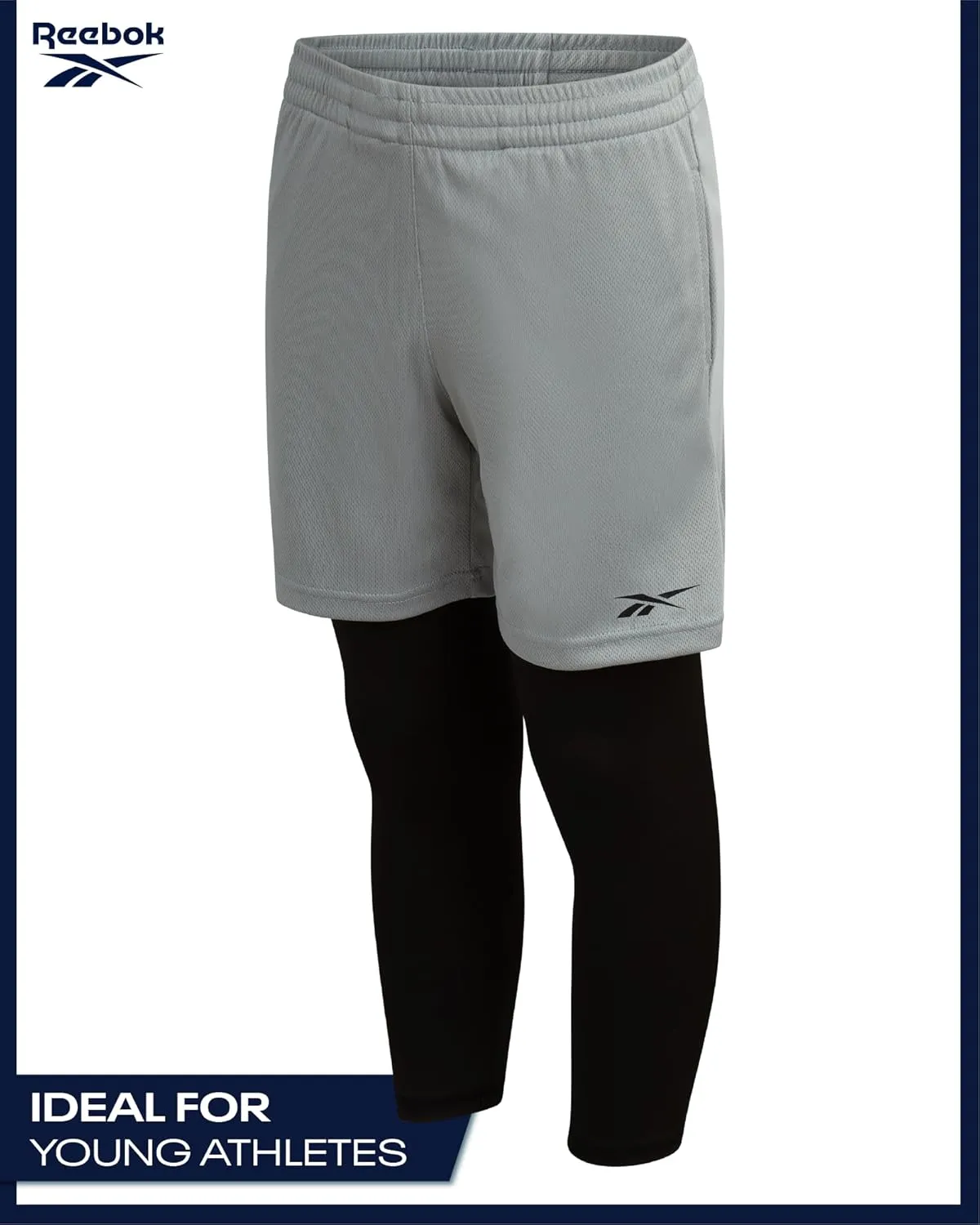 Reebok Boys Basketball Shorts - 2-in-1 Boys Athletic Shorts for Running with Compression Leggings, Pockets, and Drawstring