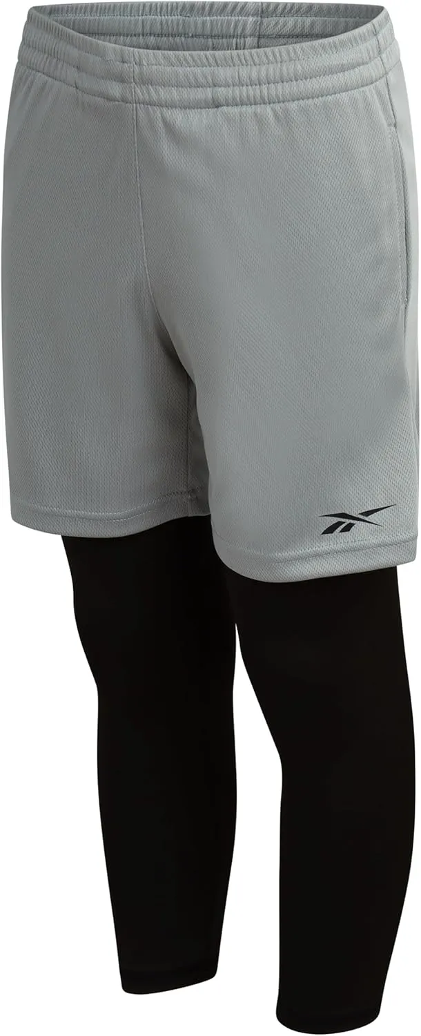 Reebok Boys Basketball Shorts - 2-in-1 Boys Athletic Shorts for Running with Compression Leggings, Pockets, and Drawstring