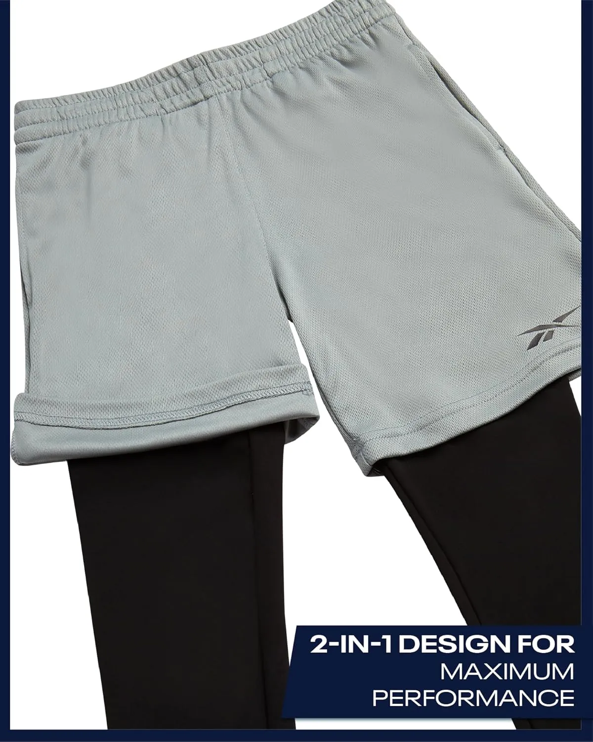 Reebok Boys Basketball Shorts - 2-in-1 Boys Athletic Shorts for Running with Compression Leggings, Pockets, and Drawstring