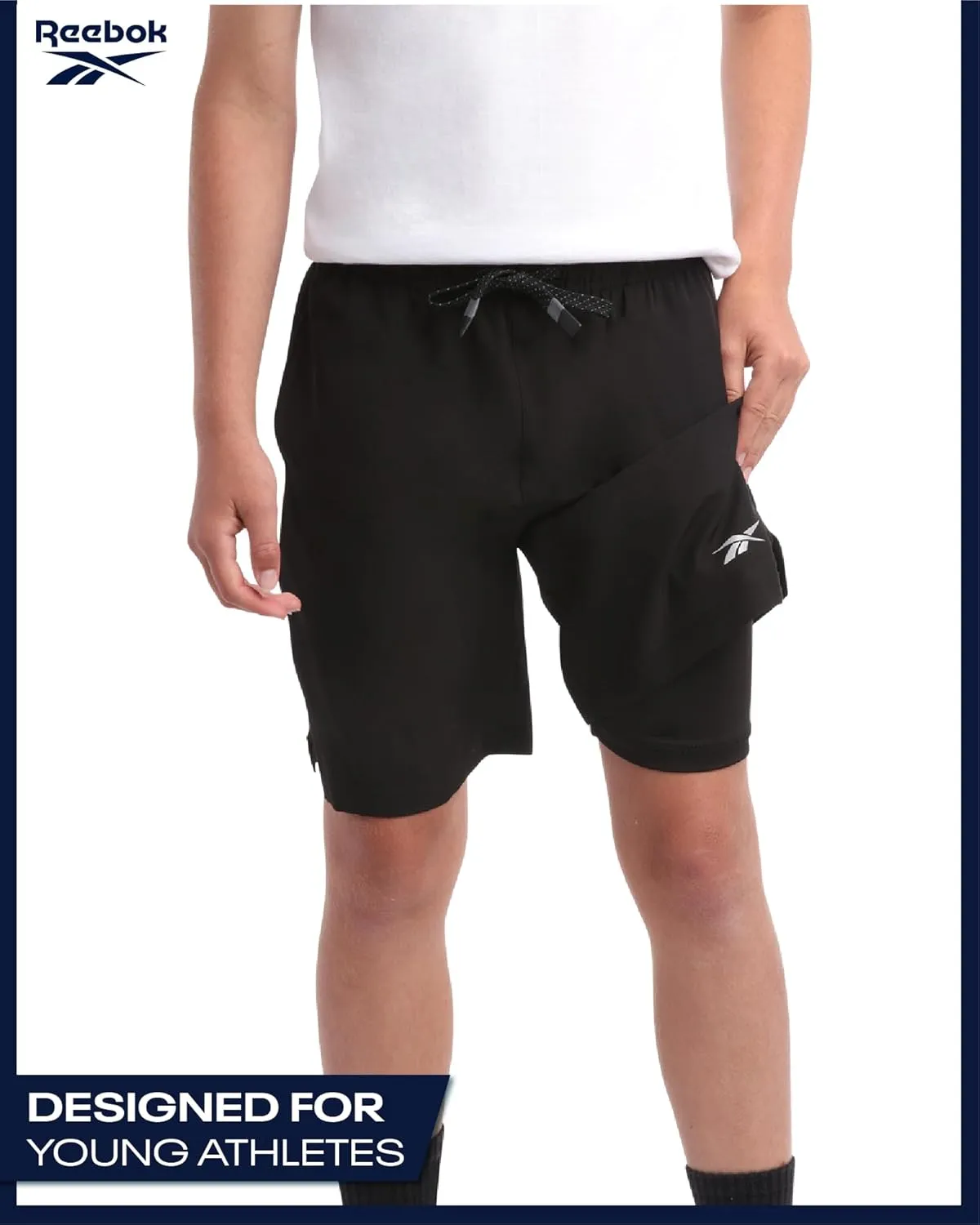 Reebok Boys Shorts - 2 in 1 Basketball Shorts with Compression Liner and Pockets - Gym and Running Boys Athletic Shorts