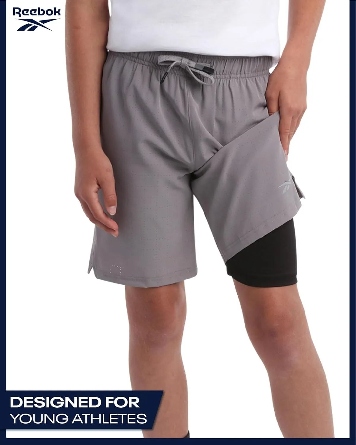 Reebok Boys Shorts - 2 in 1 Basketball Shorts with Compression Liner and Pockets - Gym and Running Boys Athletic Shorts