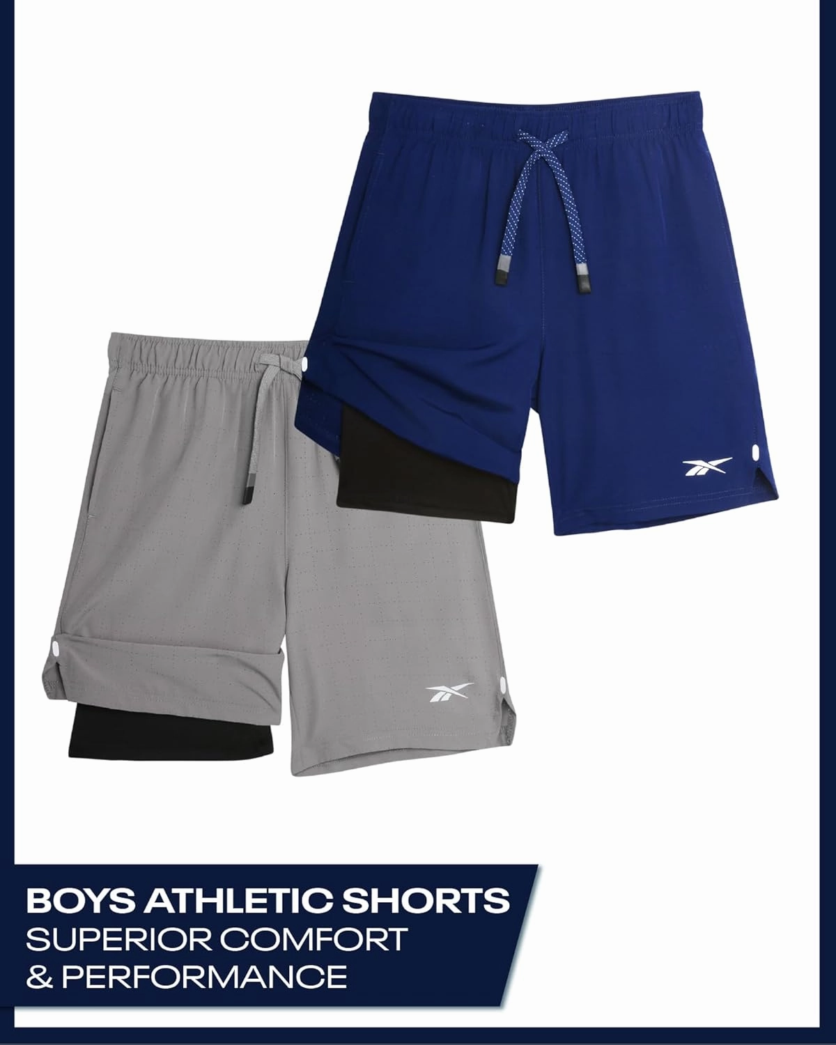 Reebok Boys Athletic Shorts 2 Pack – 2-in-1 Boys Basketball Shorts with Compression Liner – Quick Dry Running Shorts