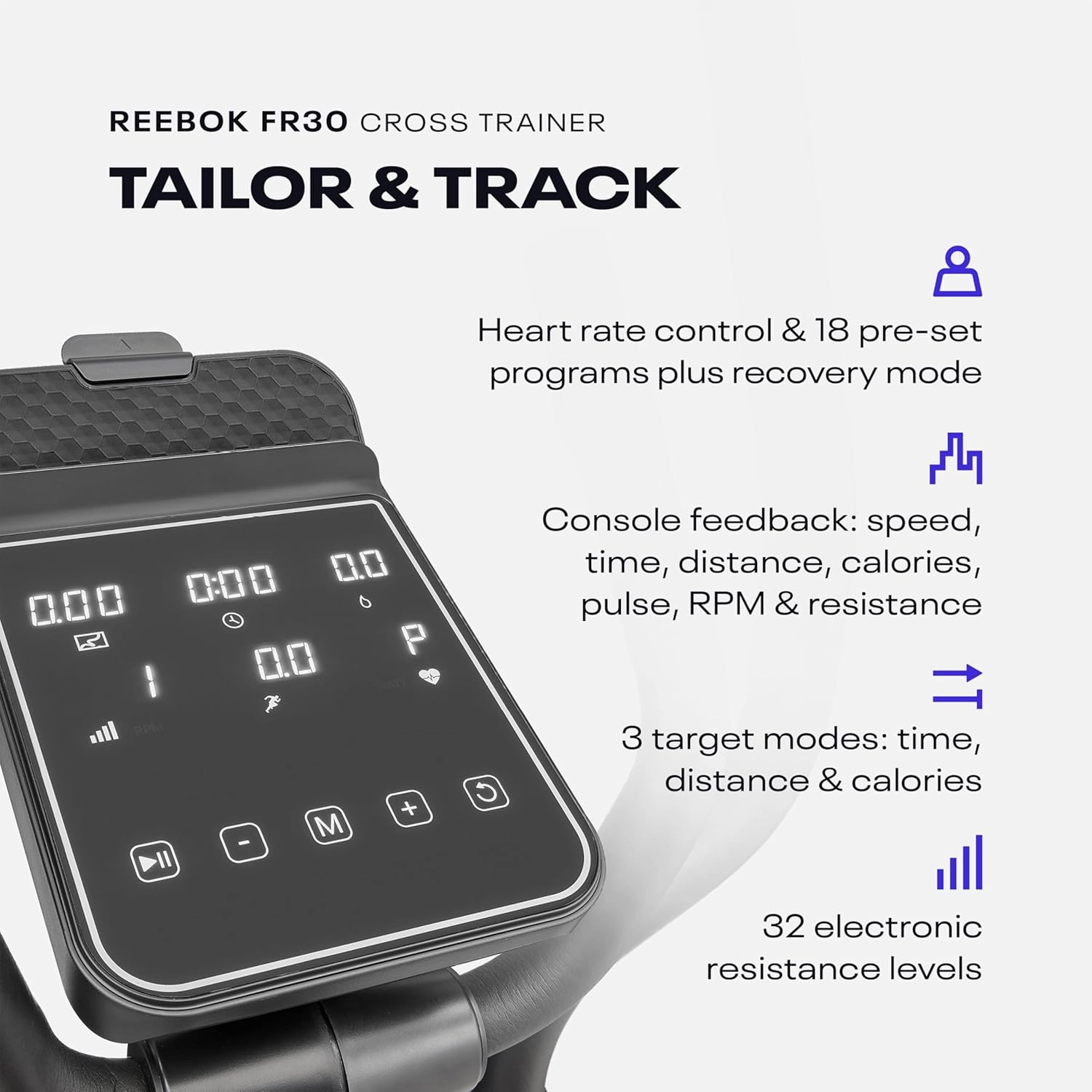 Reebok FR30 Cross Trainer: Bluetooth Compatible Elliptical Exercise Machine for Home Gym Cardio Training, Tablet Holder, 32 Resistance Levels