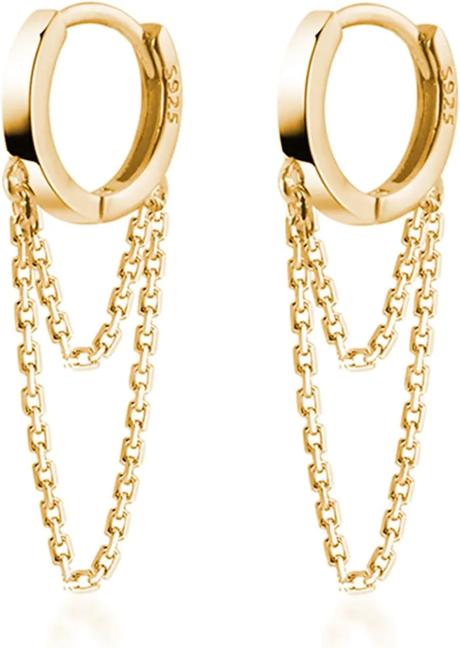 Reffeer Solid 925 Sterling Silver Tassel Chain Drop Dangle Small Hoop Earrings Huggie for Women Teen