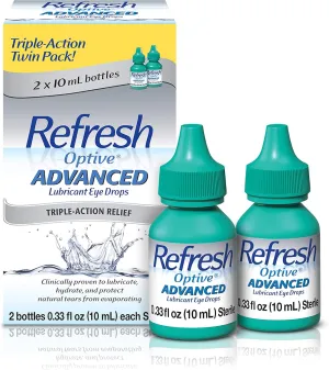 Refresh Optive Advanced Lubricant Eye Drops For Dry Eyes, 0.33 Fl Oz Sterile (2 Count)