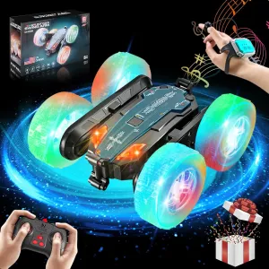Remote Control Car - Double-Sided 360° Rotating, 4WD, 2.4GHz Rechargeable with LED Light and Music, RC Stunt Cars Toy for Boys and Girls on Birthdays Blue