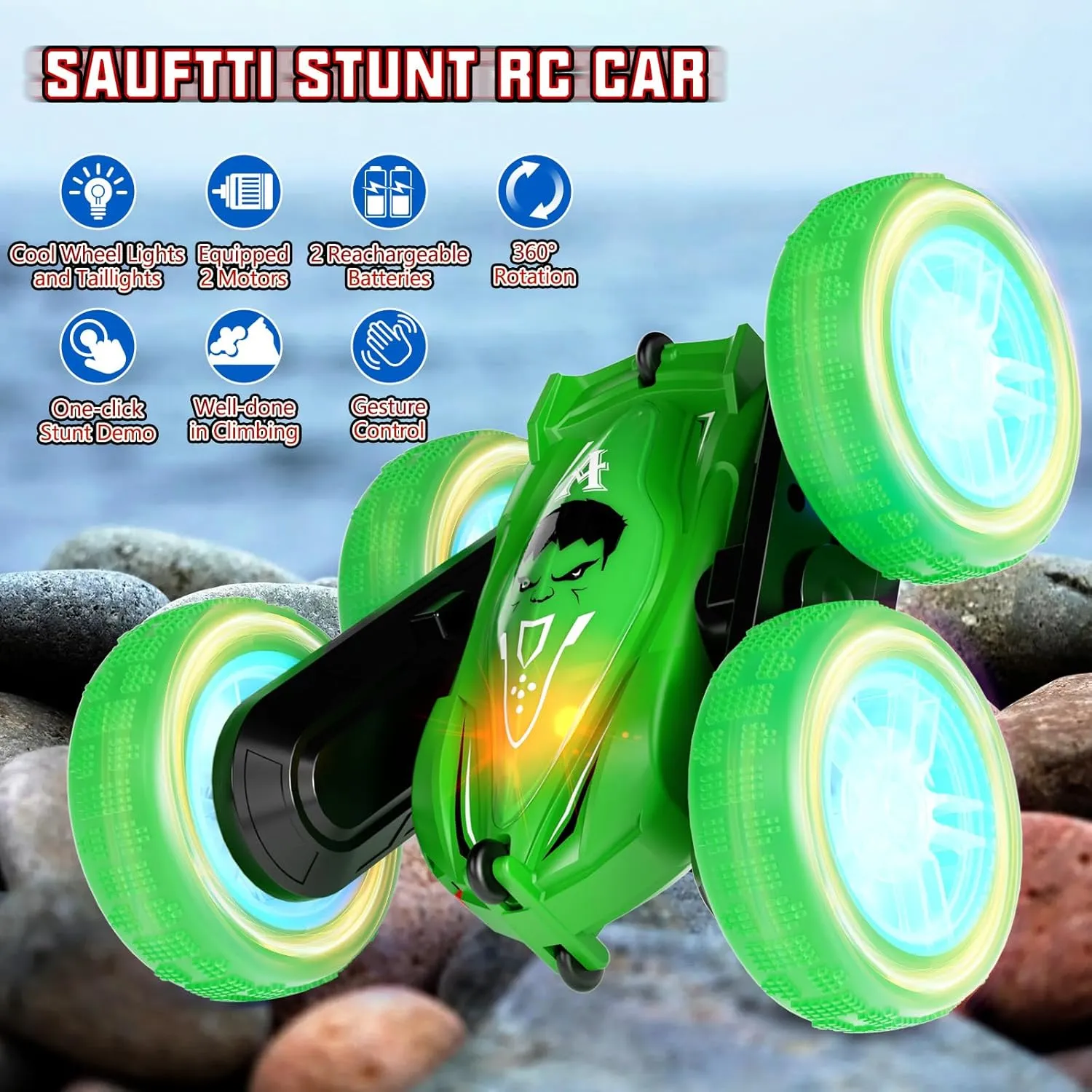 Remote Control Car, Gesture Sensor RC Stunt Cars Toys for Kids Age 6 7 8 9 10 11 12  Years Old, Double-Sided 360° Rotating 4WD RC Drift Truck for Boys Girls Birthday (Green)
