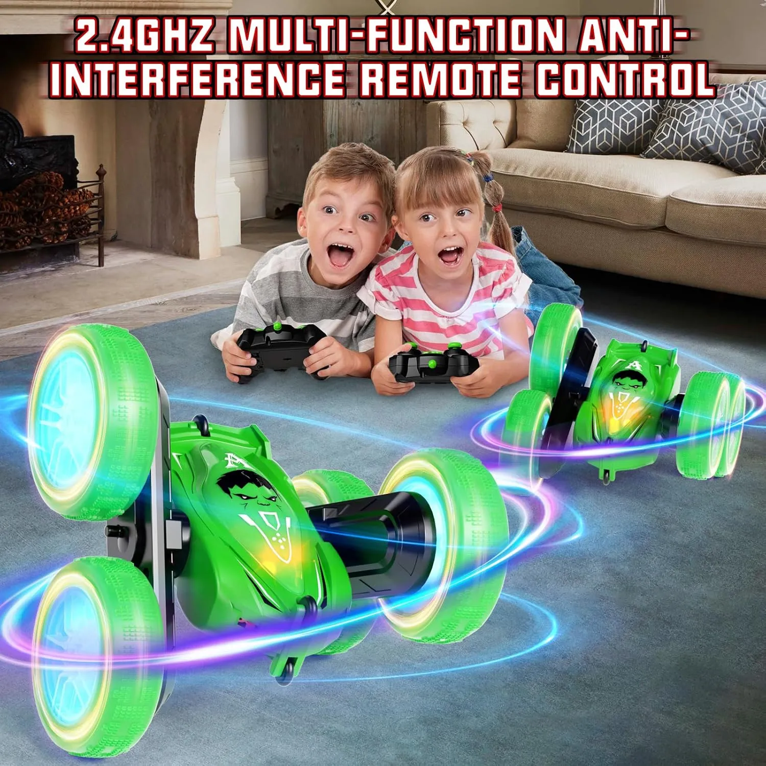 Remote Control Car, Gesture Sensor RC Stunt Cars Toys for Kids Age 6 7 8 9 10 11 12  Years Old, Double-Sided 360° Rotating 4WD RC Drift Truck for Boys Girls Birthday (Green)