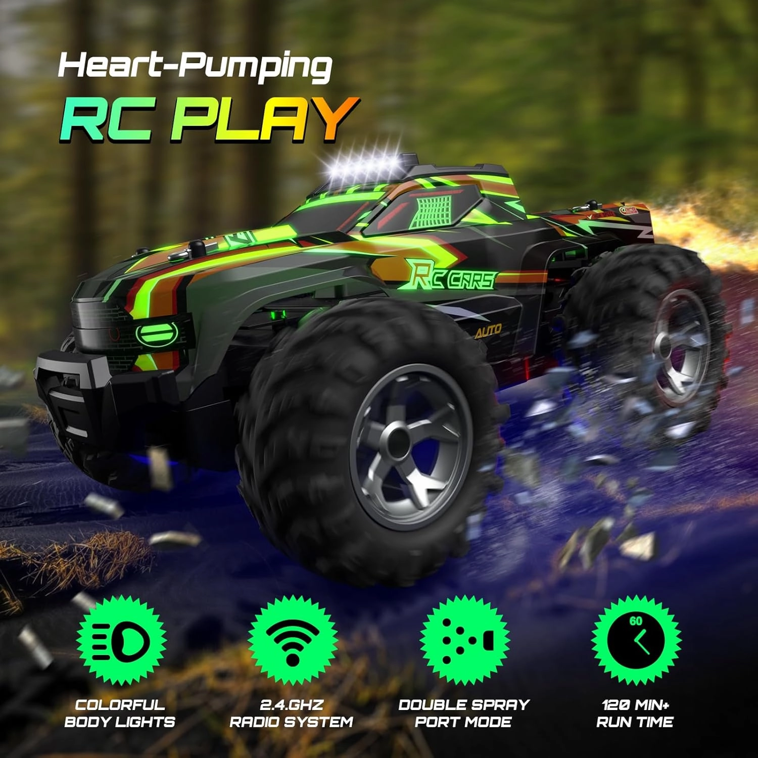 Remote Control Car for Boys, 1:16 Scale All Terrain RC Cars,High Speed 25Km/h Fast Car with Colorful Led Light and Spray, 2x1300mAh Rechargeable Battery RC Truck, Toy Car Gift for Teen Boys Girl Kids