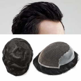 RESHE Mens Hair System French Lace Front Hair Pieces For Men Toupee For Men Real Human Hair Replacement System Slight Wavy Hand Tied Men's Hairpiece 7"X9"-90% Light density #1B