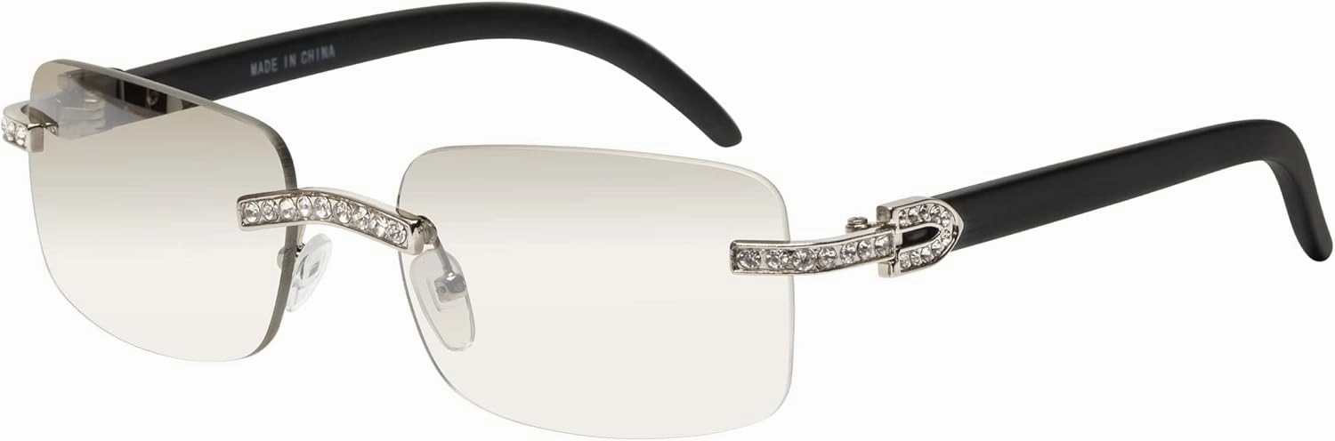 Retro Vintage Style Rimless Clear Lens Sunglasses for Women & Men Luxury Glasses Fashion Crystal Wood Eyewear Shades