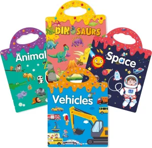 Reusable Sticker Books for Kids, Busy Book for Toddlers 1-3, Airplane Car Travel Restaurant Activity Learning Toys, Animals Dinosaur Vehicles Space, Boy Girl Birthday Christmas Gift (4 Sets)