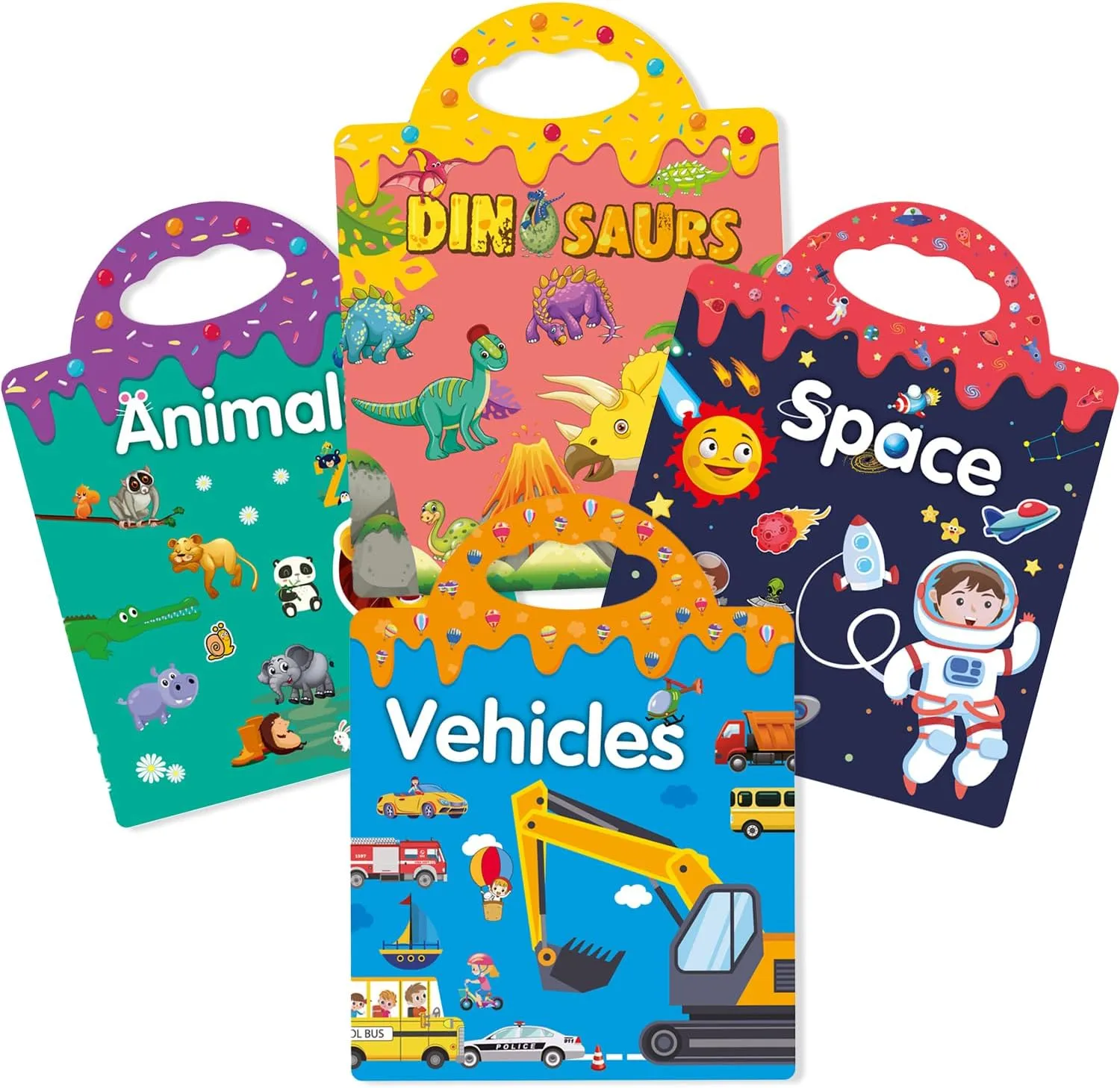 Reusable Sticker Books for Kids, Busy Book for Toddlers 1-3, Airplane Car Travel Restaurant Activity Learning Toys, Animals Dinosaur Vehicles Space, Boy Girl Birthday Christmas Gift (4 Sets)