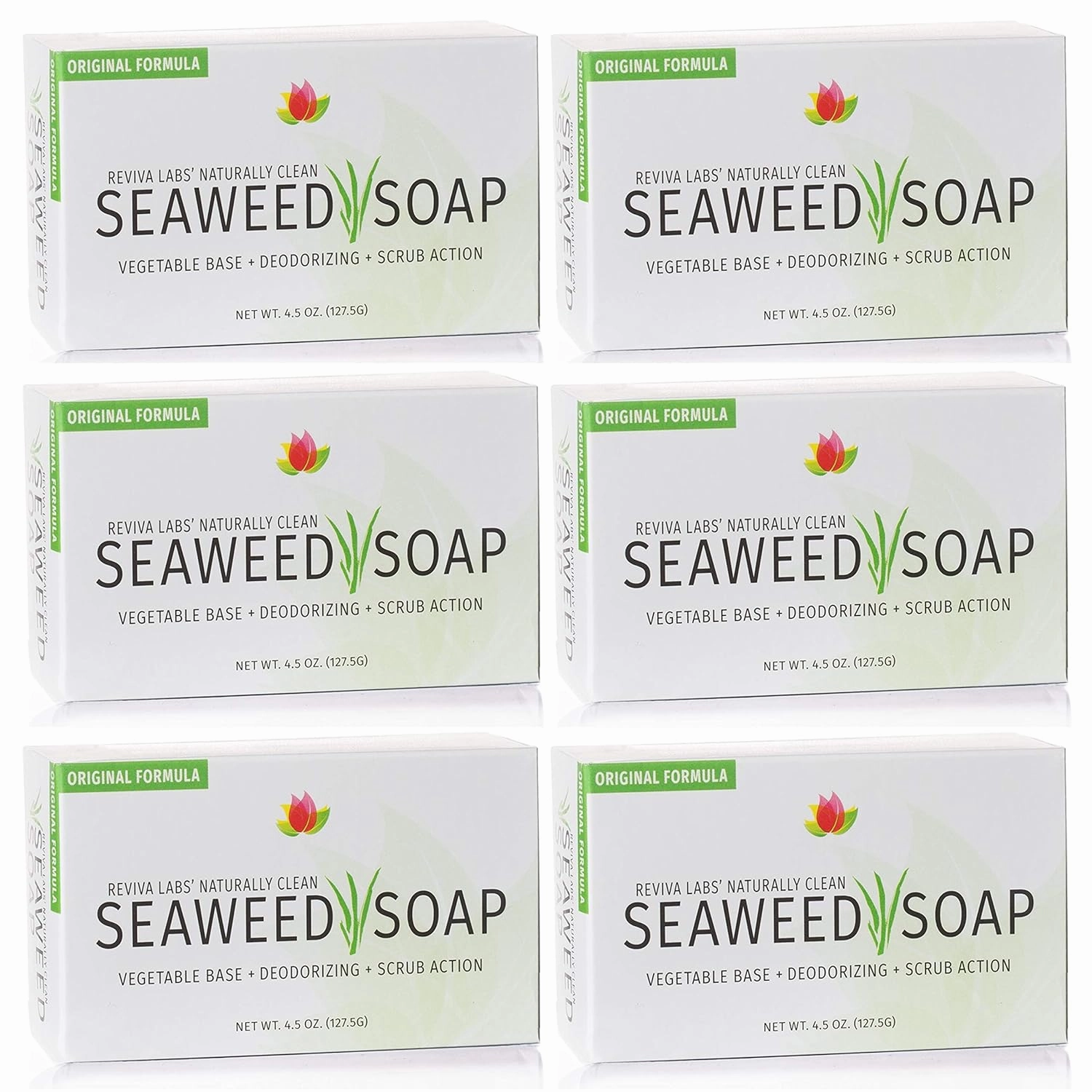 Reviva Seaweed Soap - 6 Pack - Organic Seaweed Face Scrub and Exfoliating Body Scrub Soap Bar - 4.5 oz. Vegetable Base Natural Bar Soap and Seaweed Bath Detox Soap Made in the USA