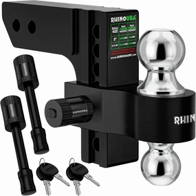 Rhino USA Adjustable Trailer Hitch (Fits 2-Inch Receiver) - Heavy Duty Aluminum Tow Hitches with 6-Inch Drop/Rise for Truck (12,500 LBS GTW) - Weatherproof Double Anti-Theft Locking Hitch Pins (Black)