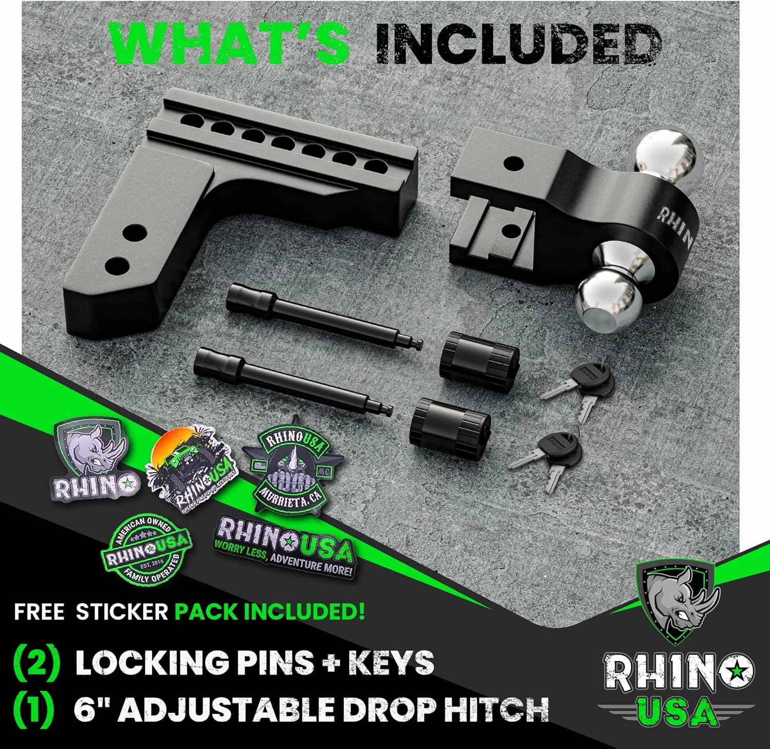 Rhino USA Adjustable Trailer Hitch (Fits 2-Inch Receiver) - Heavy Duty Aluminum Tow Hitches with 6-Inch Drop/Rise for Truck (12,500 LBS GTW) - Weatherproof Double Anti-Theft Locking Hitch Pins (Black)