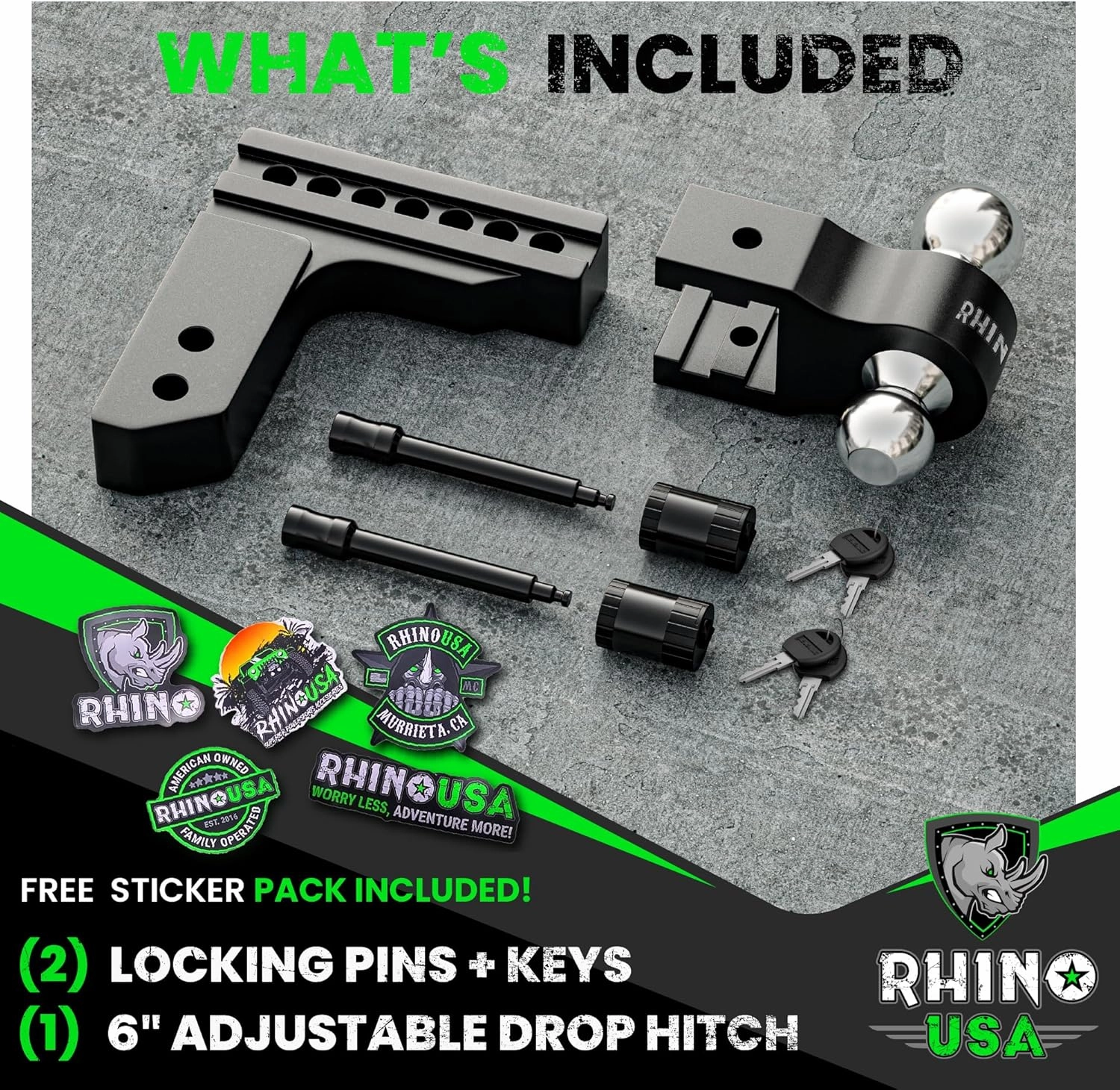 Rhino USA Adjustable Trailer Hitch (Fits 2-Inch Receiver) - Heavy Duty Aluminum Tow Hitches with 6-Inch Drop/Rise for Truck (12,500 LBS GTW) - Weatherproof Double Anti-Theft Locking Hitch Pins (Black)