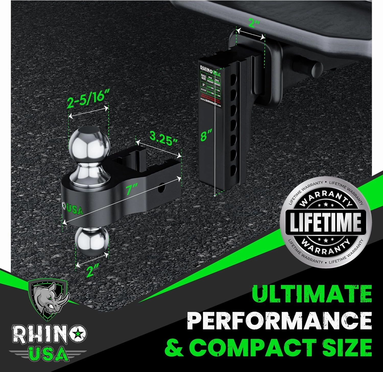 Rhino USA Adjustable Trailer Hitch (Fits 2-Inch Receiver) - Heavy Duty Aluminum Tow Hitches with 6-Inch Drop/Rise for Truck (12,500 LBS GTW) - Weatherproof Double Anti-Theft Locking Hitch Pins (Black)