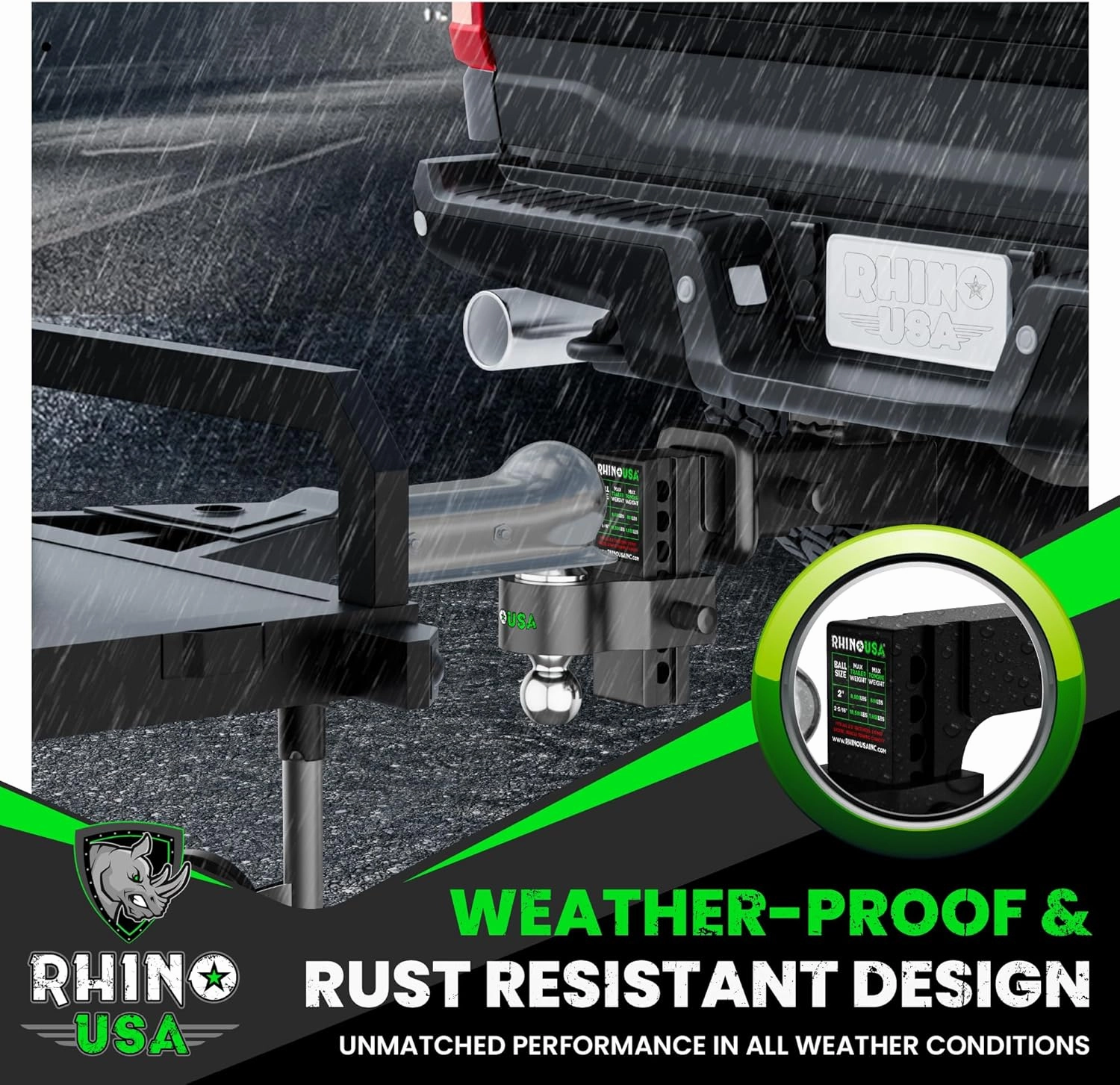 Rhino USA Adjustable Trailer Hitch (Fits 2-Inch Receiver) - Heavy Duty Aluminum Tow Hitches with 6-Inch Drop/Rise for Truck (12,500 LBS GTW) - Weatherproof Double Anti-Theft Locking Hitch Pins (Black)