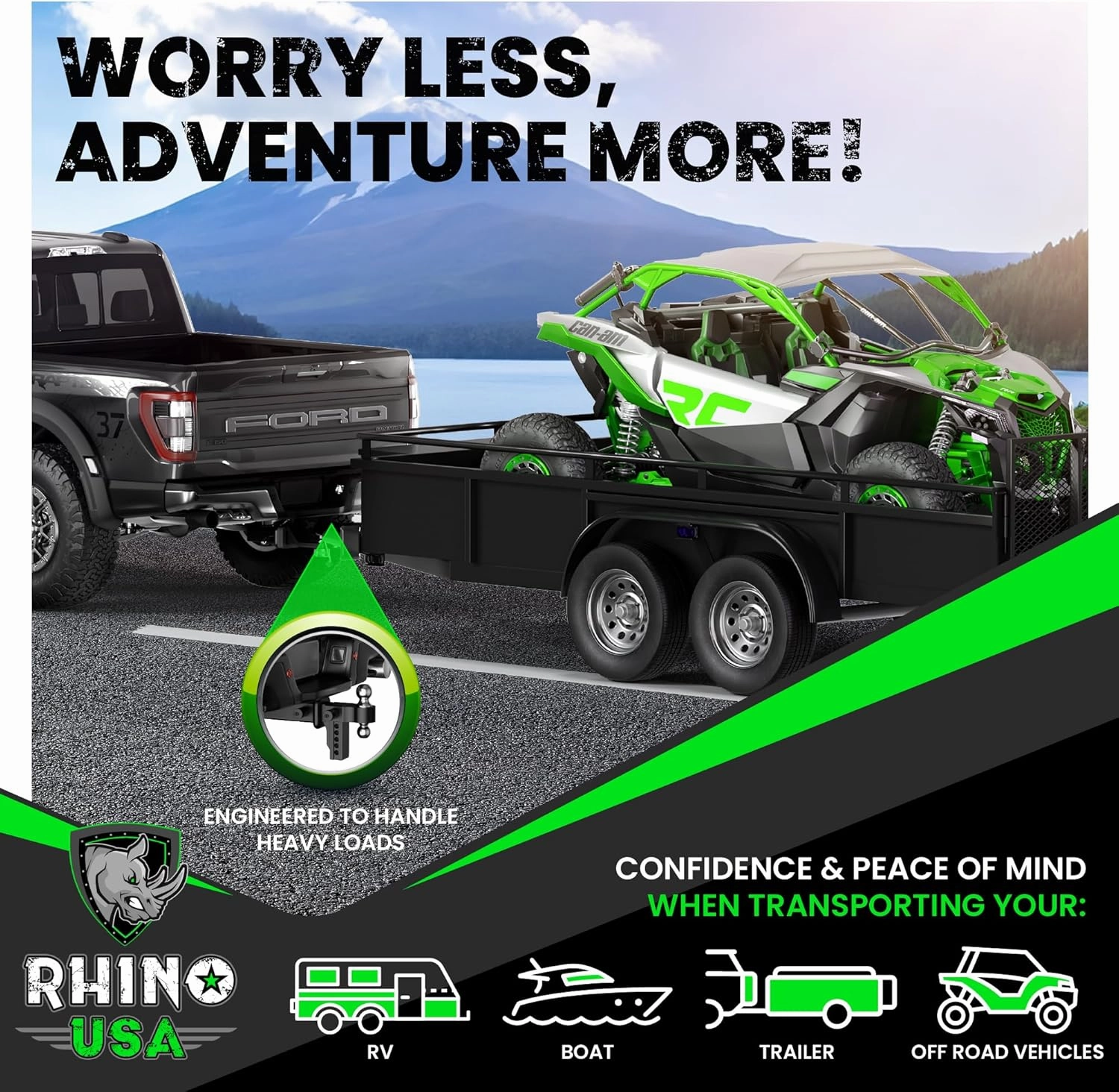 Rhino USA Adjustable Trailer Hitch (Fits 2-Inch Receiver) - Heavy Duty Aluminum Tow Hitches with 6-Inch Drop/Rise for Truck (12,500 LBS GTW) - Weatherproof Double Anti-Theft Locking Hitch Pins (Black)