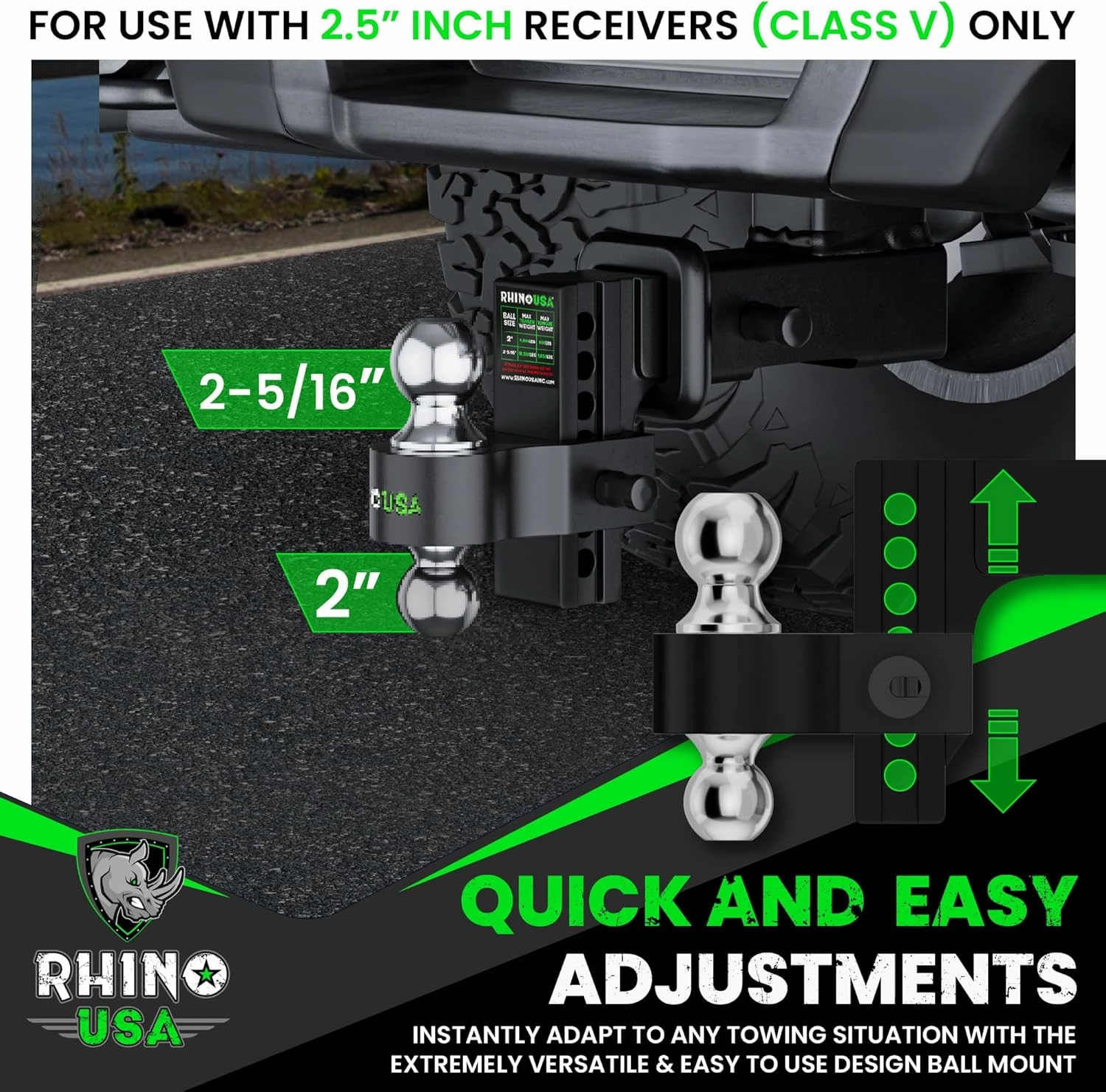 Rhino USA Adjustable Trailer Hitch (Fits 2-Inch Receiver) - Heavy Duty Aluminum Tow Hitches with 6-Inch Drop/Rise for Truck (12,500 LBS GTW) - Weatherproof Double Anti-Theft Locking Hitch Pins (Black)