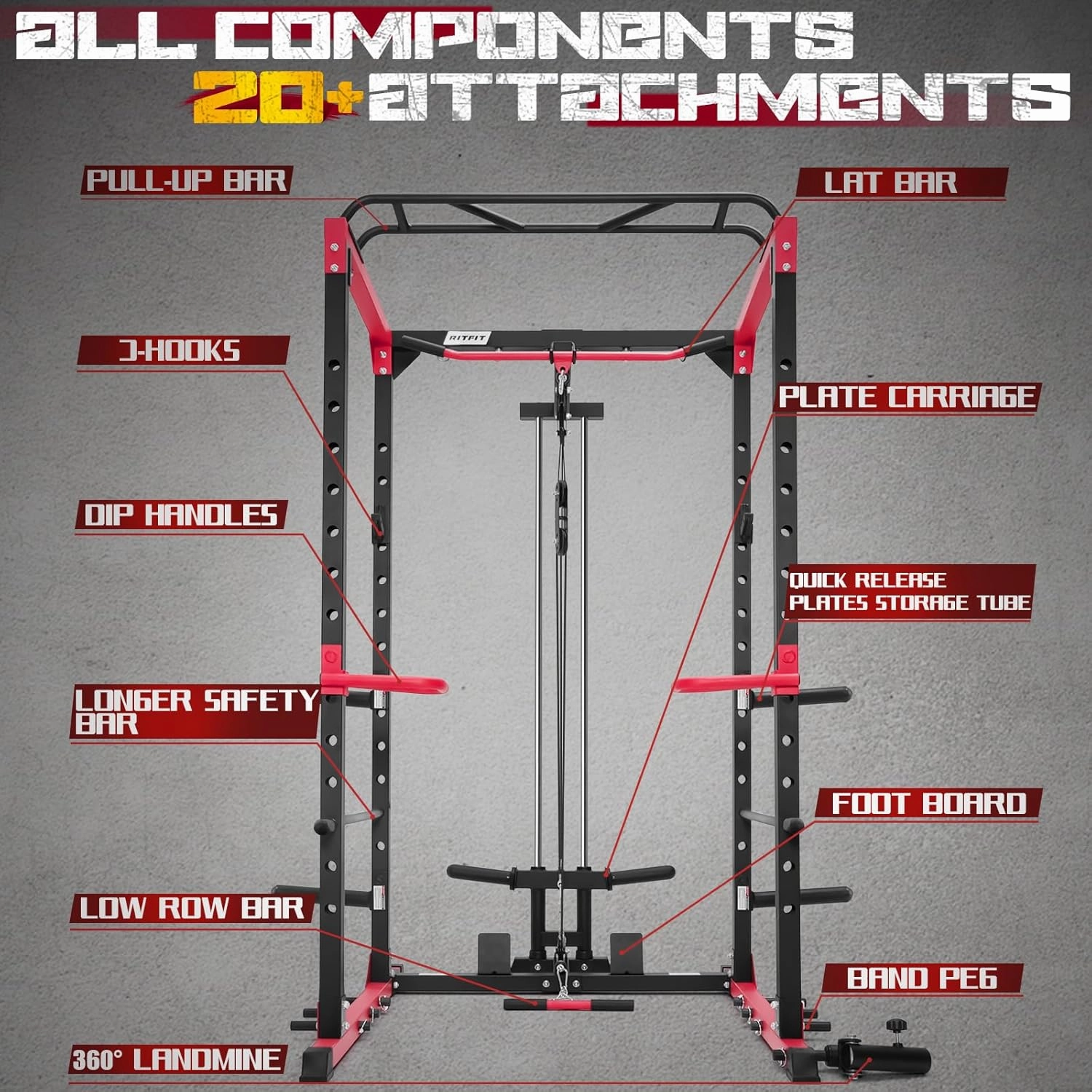 RitFit All-in-One Squat Rack for Home Gym, PPC02C Multi-Function 1000 LBS Capacity Power Cage with LAT Pulldown, Pulley System, Dip Bar, Landmine & More Power Rack Attachments, Package