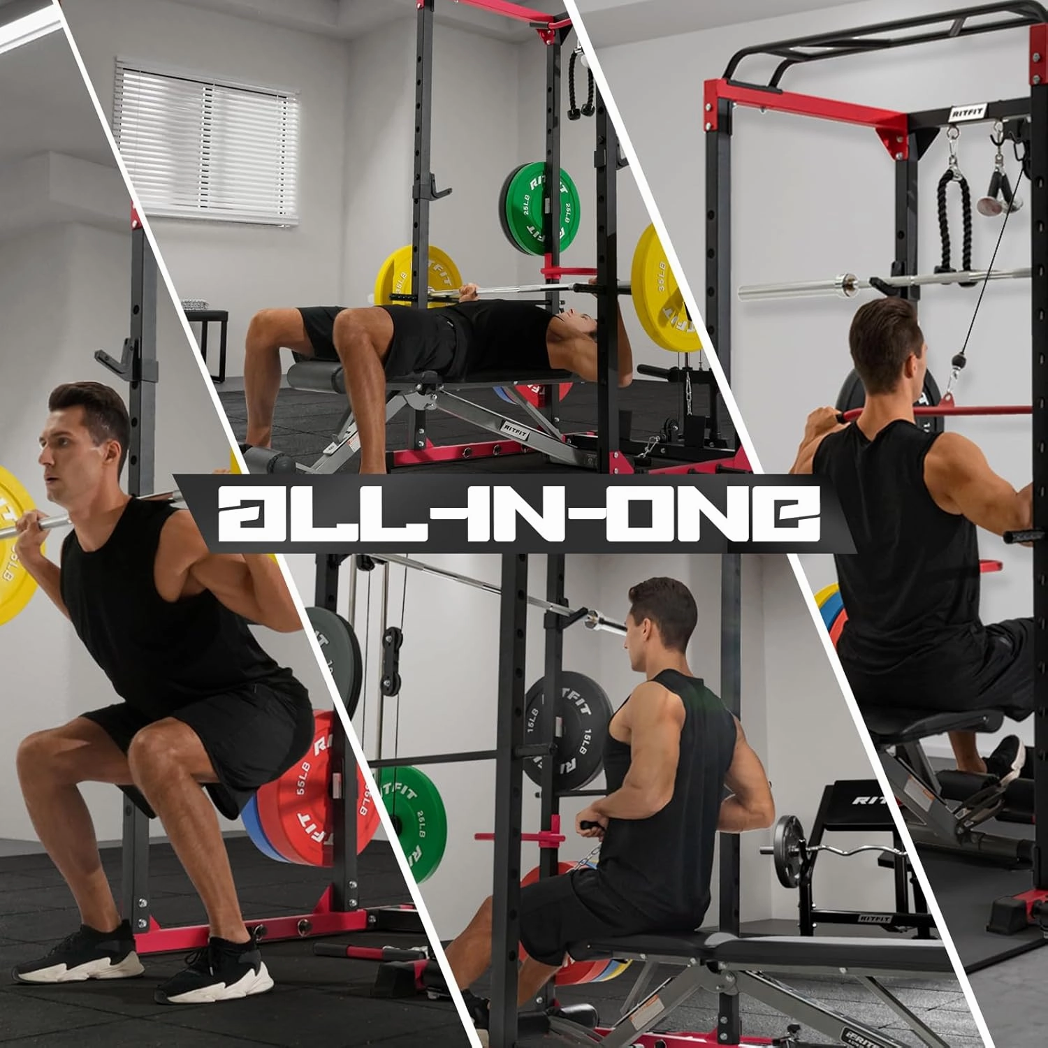 RitFit All-in-One Squat Rack for Home Gym, PPC02C Multi-Function 1000 LBS Capacity Power Cage with LAT Pulldown, Pulley System, Dip Bar, Landmine & More Power Rack Attachments, Package