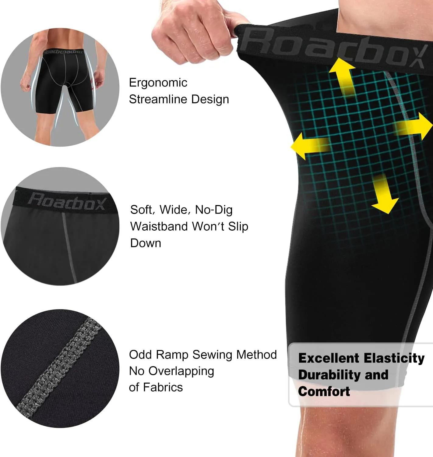 Roadbox Compression Shorts for Men, 3 Pack Athletic Workout Underwear, Running Gym Spandex Base Layer Boxer Briefs