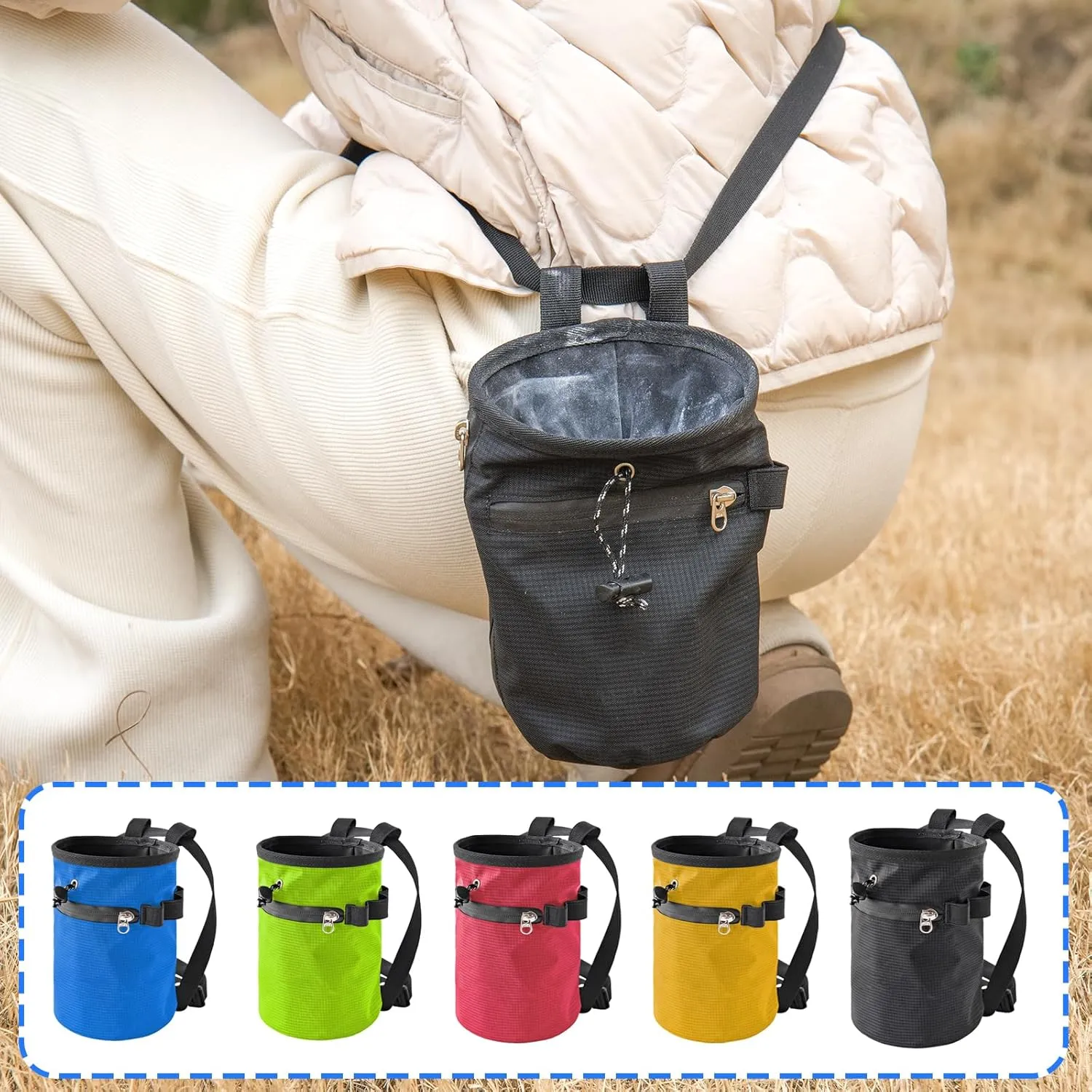 Rock Climbing Chalk Bag with Brush & Zippers Pockets Adjustable Bouldering Chalk Bag Bucket for Gym Climbing Gymnastic