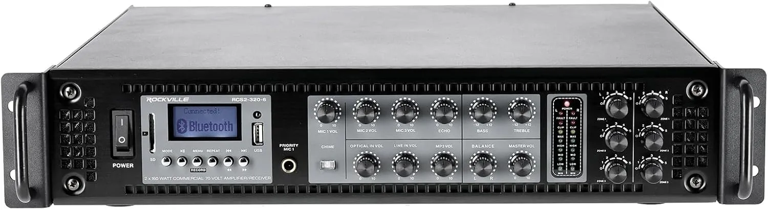 Rockville RCS2-320-6 320W 6-Zone Stereo/Mono Commercial 70V Amplifier, Bluetooth, USB/SD, Optical Input, Perfect for Home Theater