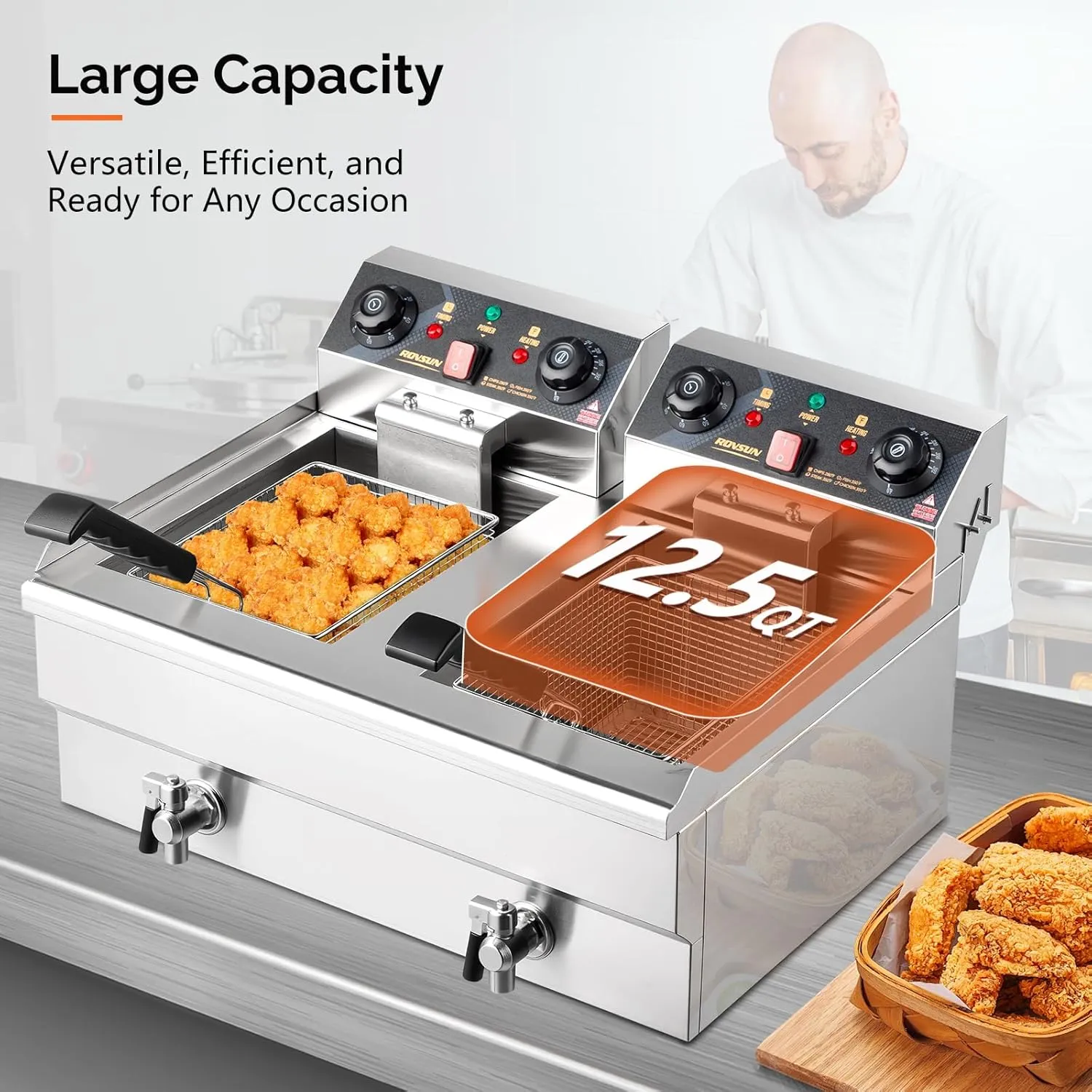 ROVSUN 24.9QT Electric Deep Fryer w/Frying Baskets Timer Drains & Lids, 3400W Dual Tank Kitchen Countertop Commercial Deep Fryer Frying Machine, Adjustable Temperature for Home Restaurant
